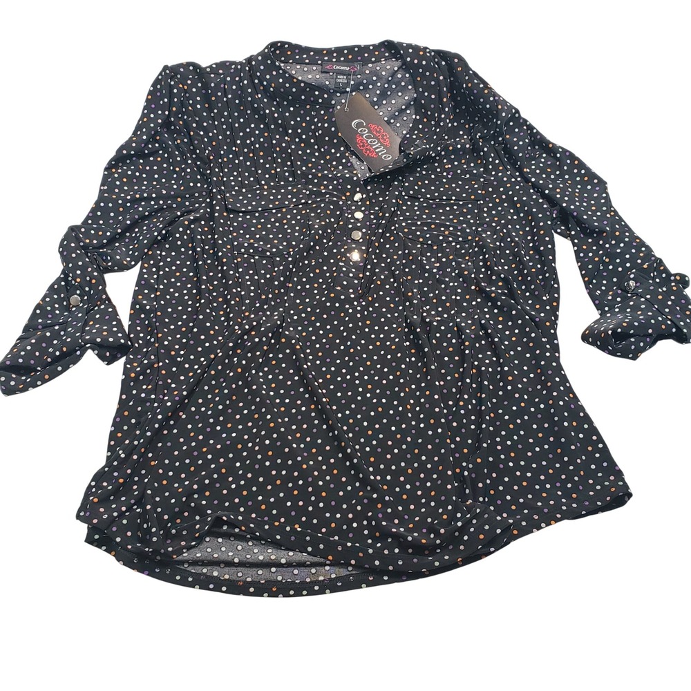 [NWT] Cocomo Polka Dot Blouse Womens L Black 3/4 Roll Tab Sleeve Split Neck‎
